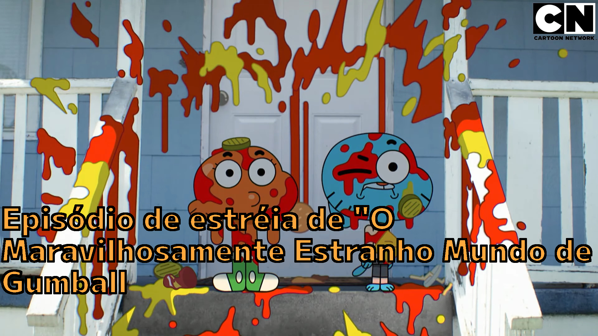 Frame do episódio, com um sanduiche explodido e catchup por todos os lados e os personagens Gumball e Darwin na frente da casa suja co m restos nde sanduiche.